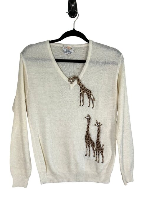 Cyn Les Shirlee Sweaters - Vintage Giraffe Knit Sweater Cream M Retro Mod Safari 60s Classic Artsy Festival